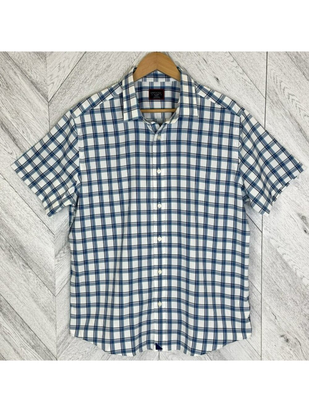 UNTUCKit Booker Short Sleeve Shirt Mens Size XL Slim Fit Blue Plaid Button Up